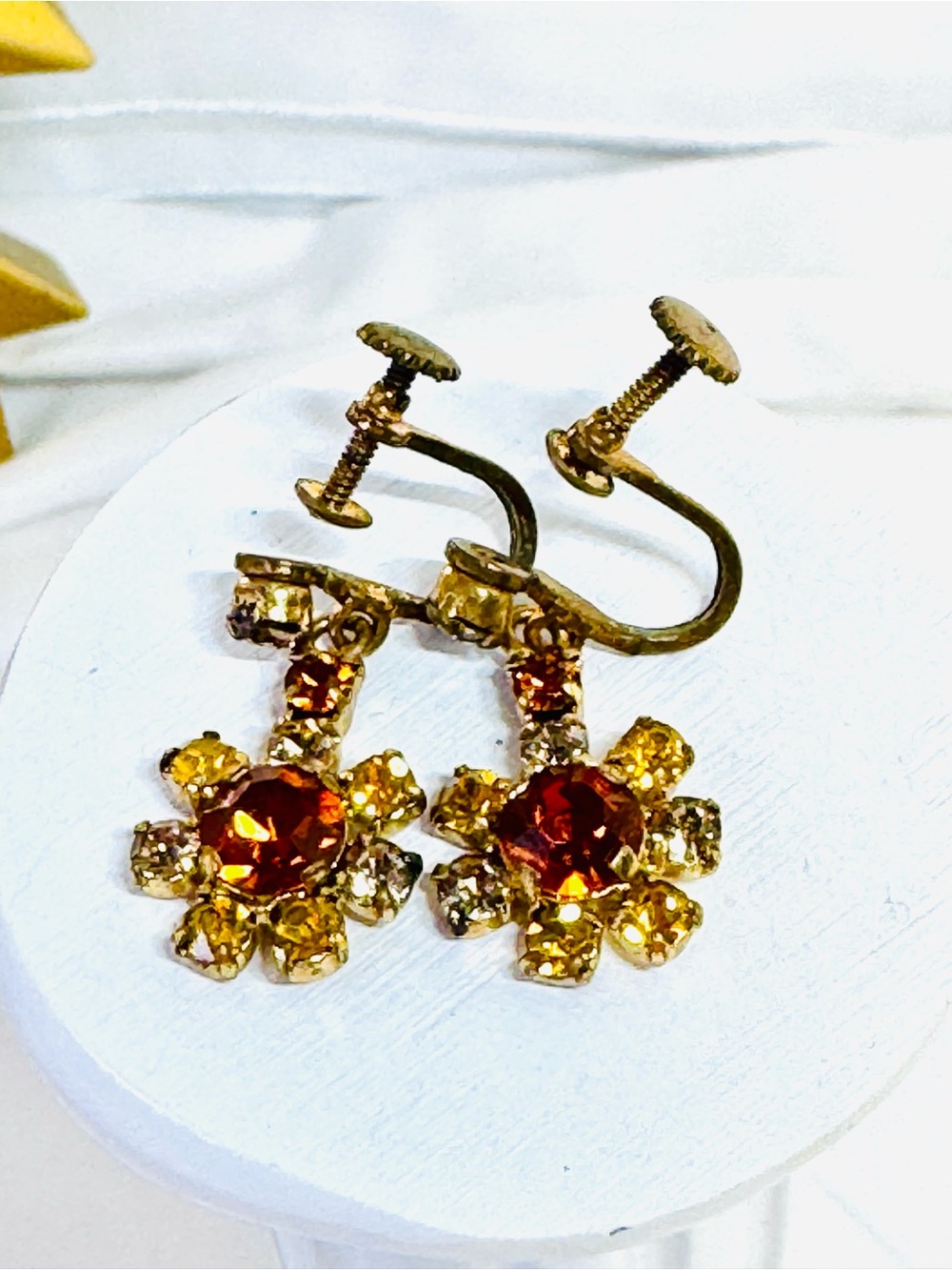 Gold Tone Amber Flower Clip-On Earrings